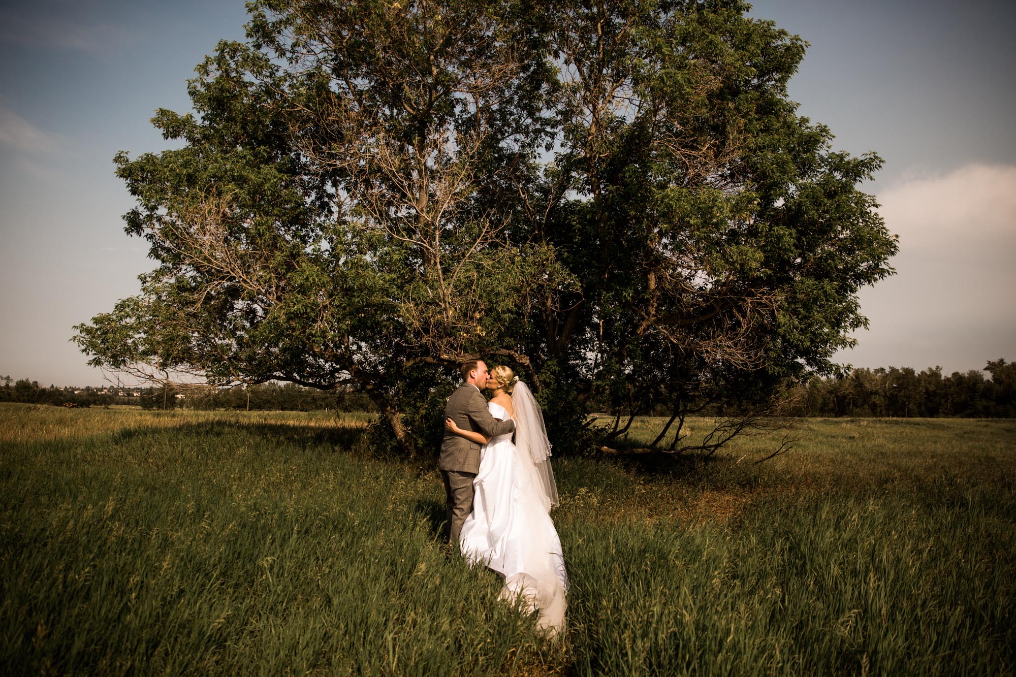 Calgary wedding photographer, the bride and groom sharing an intimate moment at Fish Creek Park in Calgary