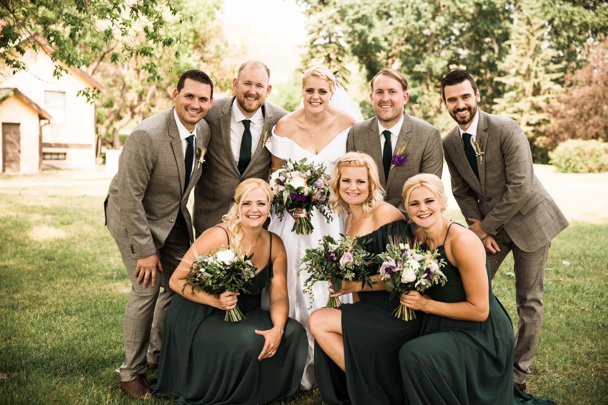 Calgary wedding photographer, portrait of the bridal party at Fish Creek Park