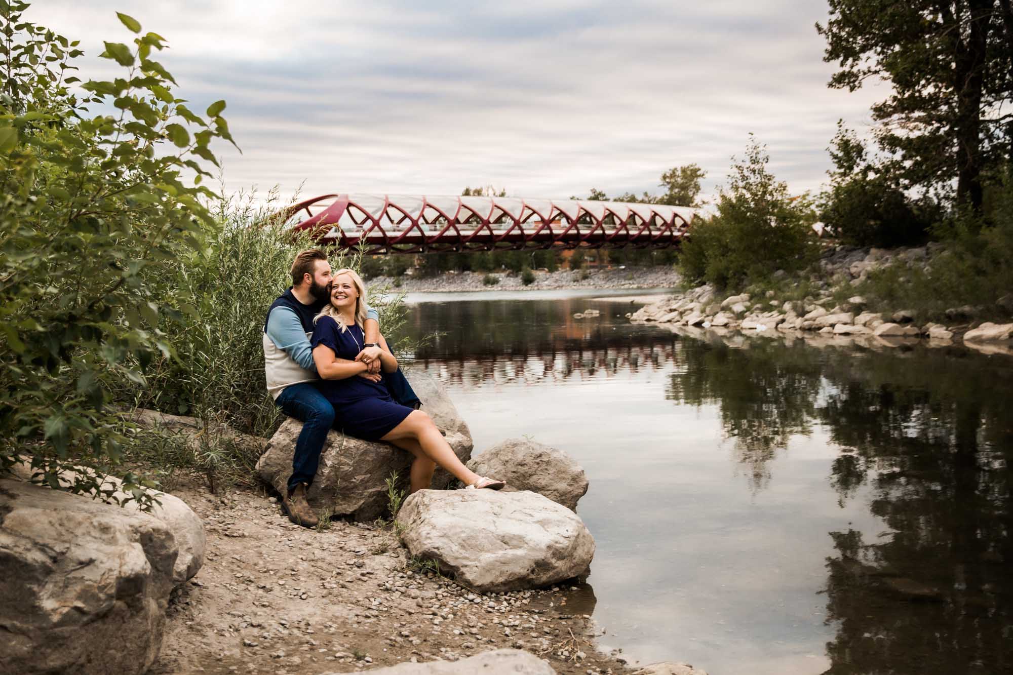 Calgary wedding photographer, engagement photos at Prince's Island Park, downtown Calgary, couple at sunset