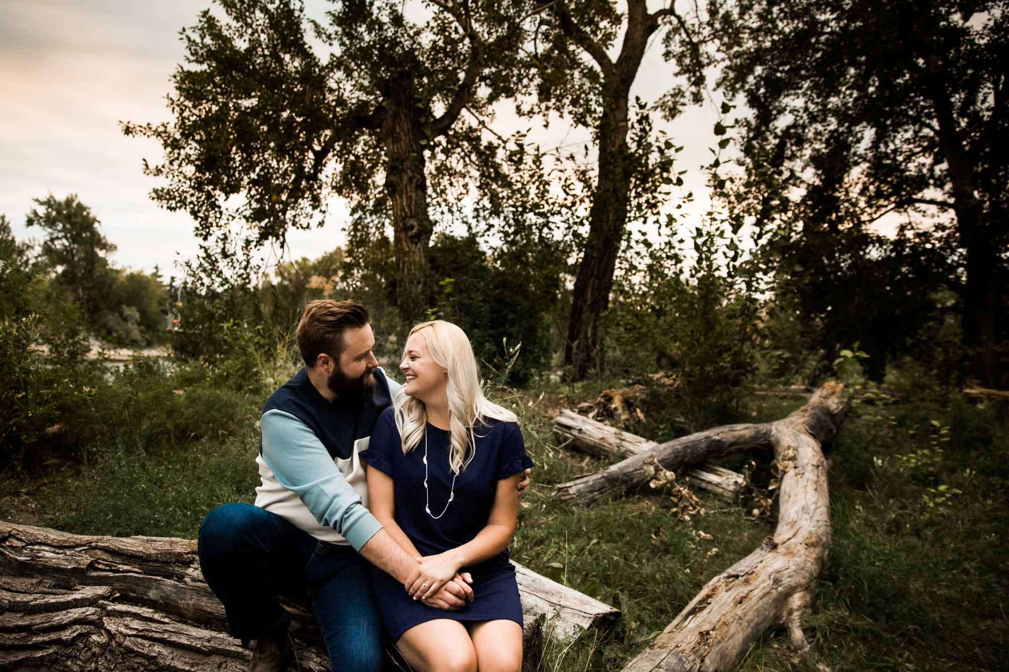 Calgary wedding photographer, engagement photos at Prince's Island Park, downtown Calgary, couple at sunset