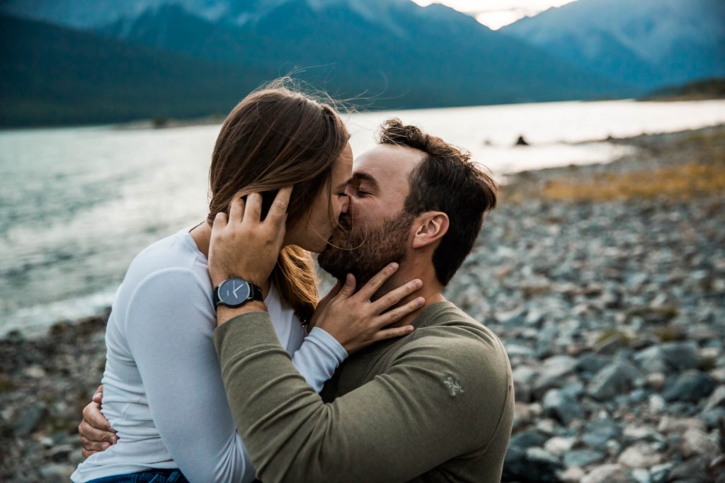 Calgary wedding and engagement photographer, couple in the mountains for adventure engement photos in Kananaskis Country