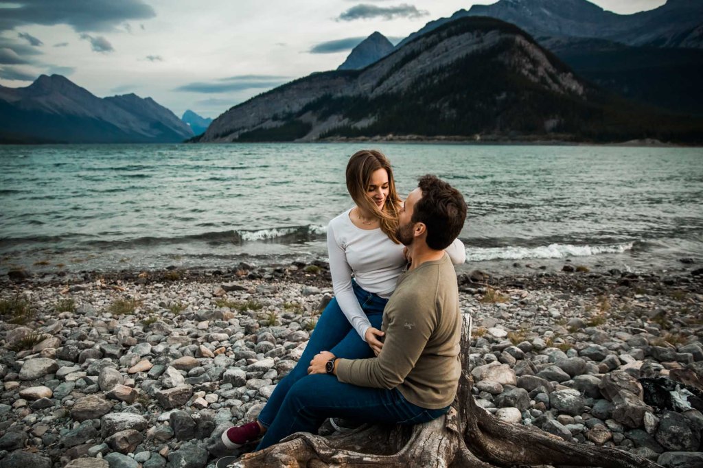 Calgary wedding and engagement photographer, couple in the mountains for adventure engement photos in Kananaskis Country