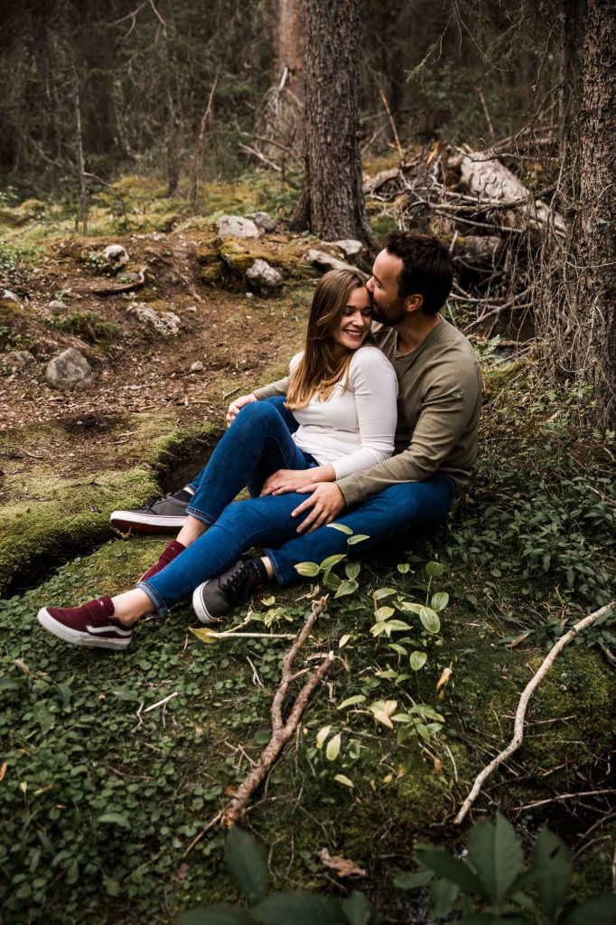 Calgary wedding and engagement photographer, couple in the mountains for adventure engement photos in Kananaskis Country