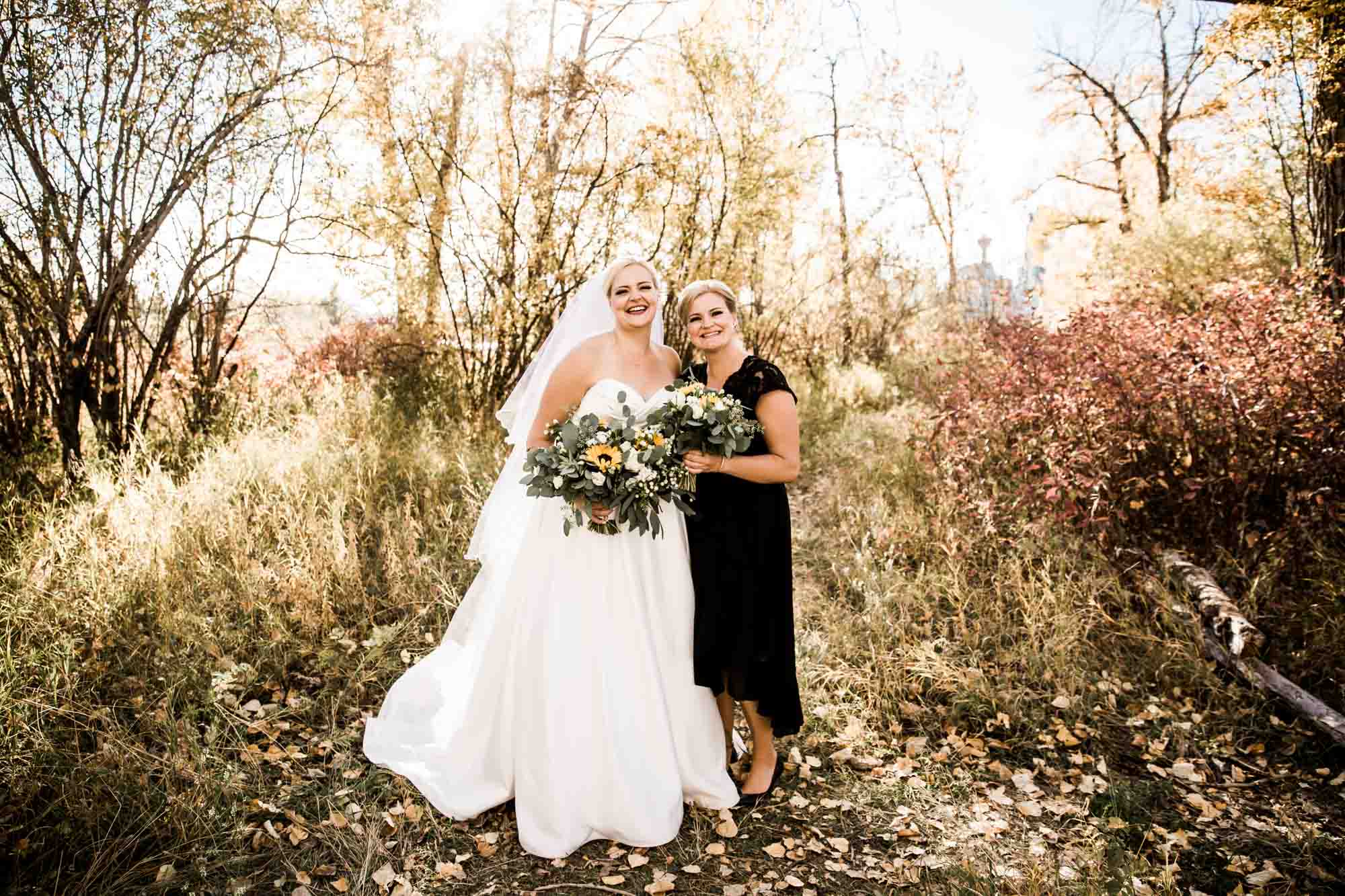 Calgary wedding photographer, bride and groom on their wedding day at St Patrick's Island downtown