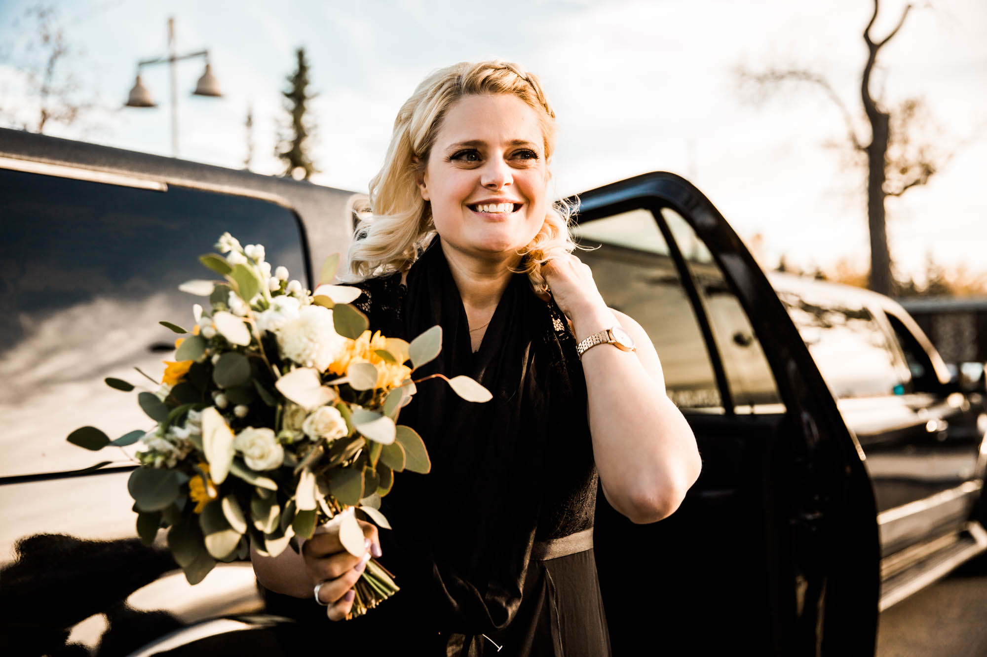 Calgary wedding photographer, bride and groom on their wedding day at St Patrick's Island downtown