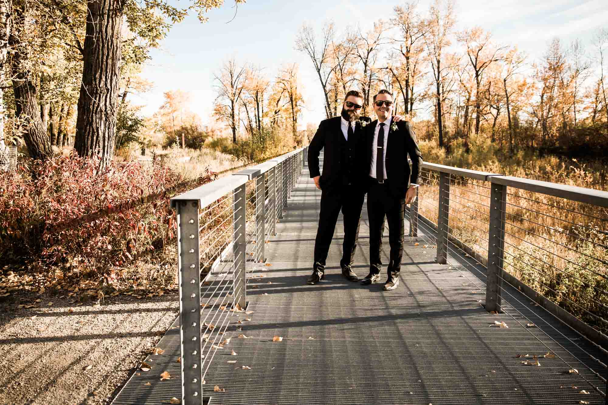 Calgary wedding photographer, bride and groom on their wedding day at St Patrick's Island downtown