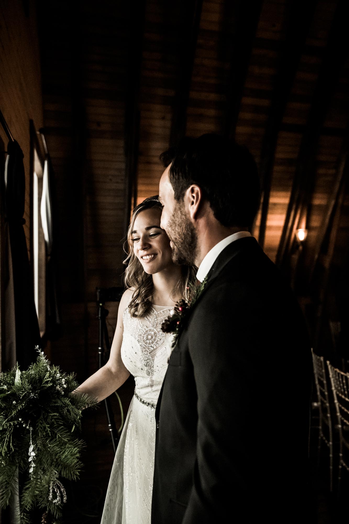 Alberta wedding photographer, wedding at the MVE The Heritage Centre in Cremona, bride and groom during their winter barn wedding