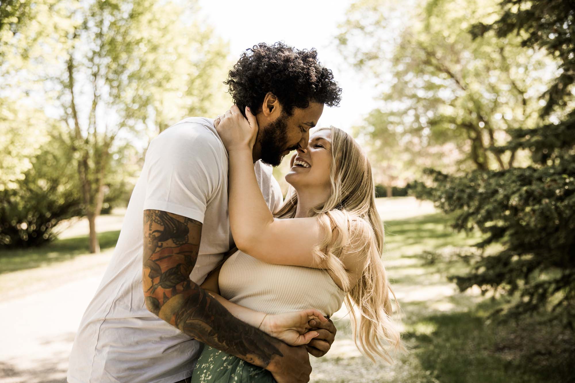 Calgary, Banff and Canmore wedding photographer, couple at Baker Park during their engagement photos