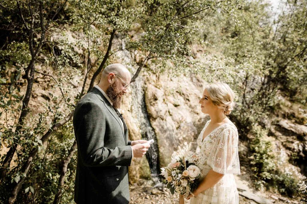 Wild Rose Brewery Calgary Wedding Photographer, couple on their wedding day at Bowmont Park, the Botanical Gardens of Silver Springs and Wild Rose Brewery