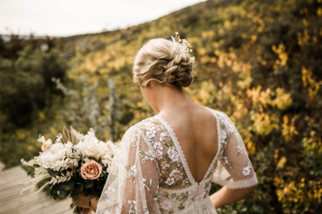 Wild Rose Brewery Calgary Wedding Photographer, couple on their wedding day at Bowmont Park, the Botanical Gardens of Silver Springs and Wild Rose Brewery