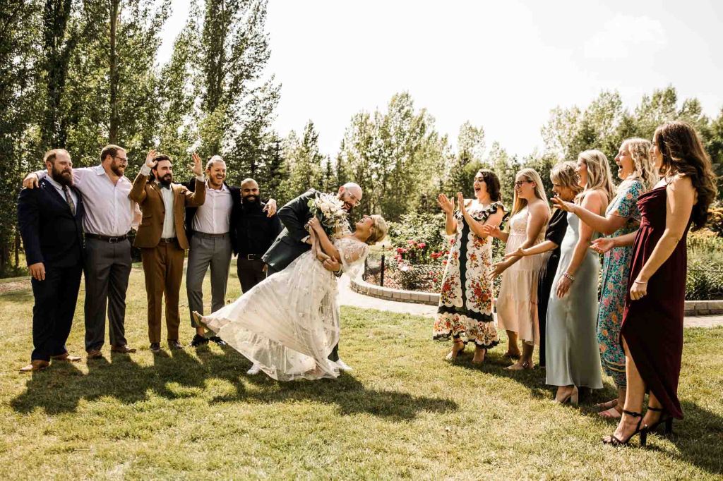 Wild Rose Brewery Calgary Wedding Photographer, couple on their wedding day at Bowmont Park, the Botanical Gardens of Silver Springs and Wild Rose Brewery