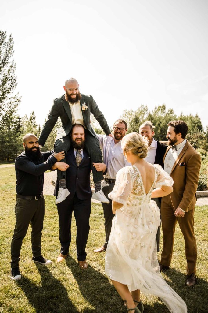 Wild Rose Brewery Calgary Wedding Photographer, couple on their wedding day at Bowmont Park, the Botanical Gardens of Silver Springs and Wild Rose Brewery