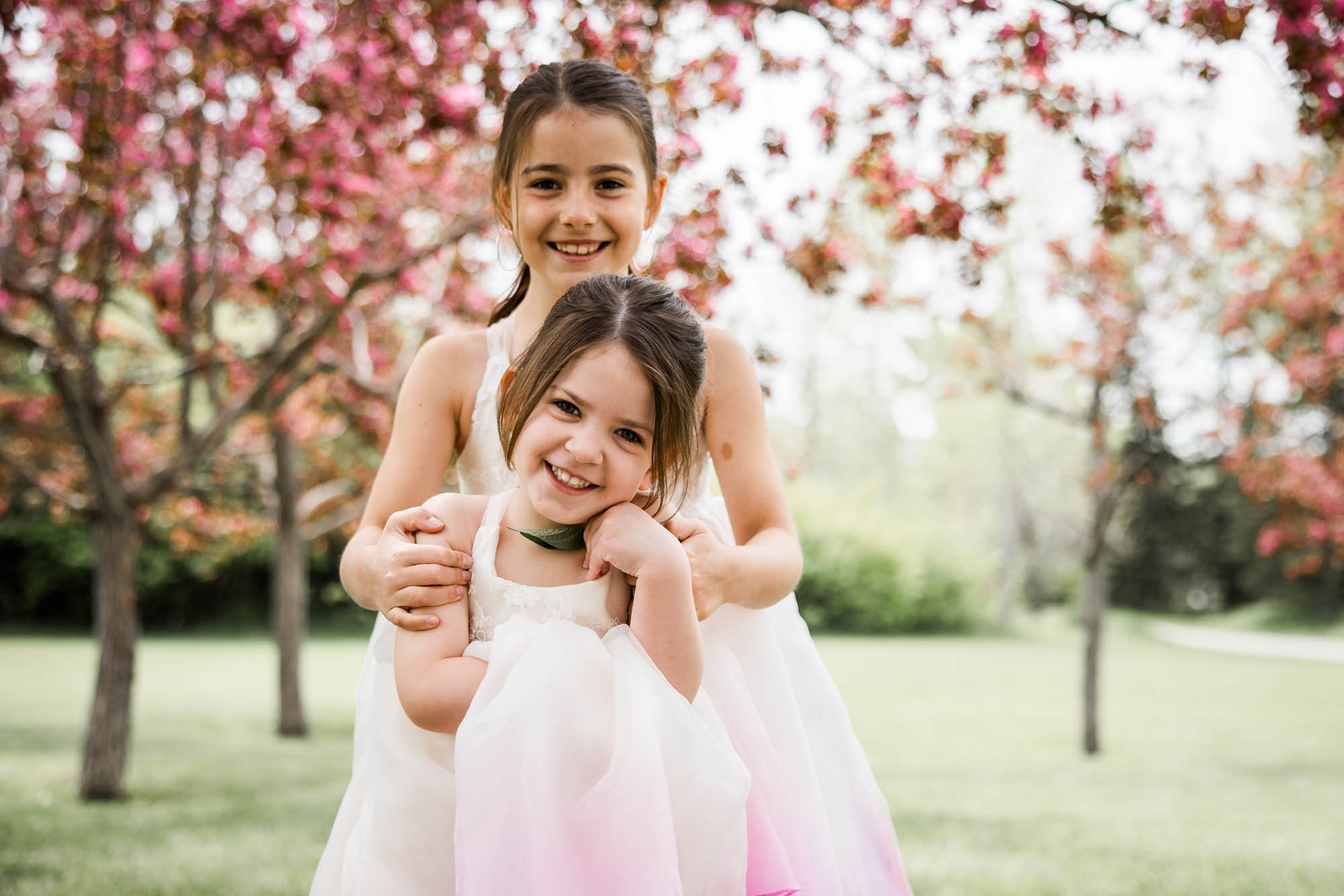 Calgary family photographer, family during their mini session at Baker Park around the cherry blossom trees