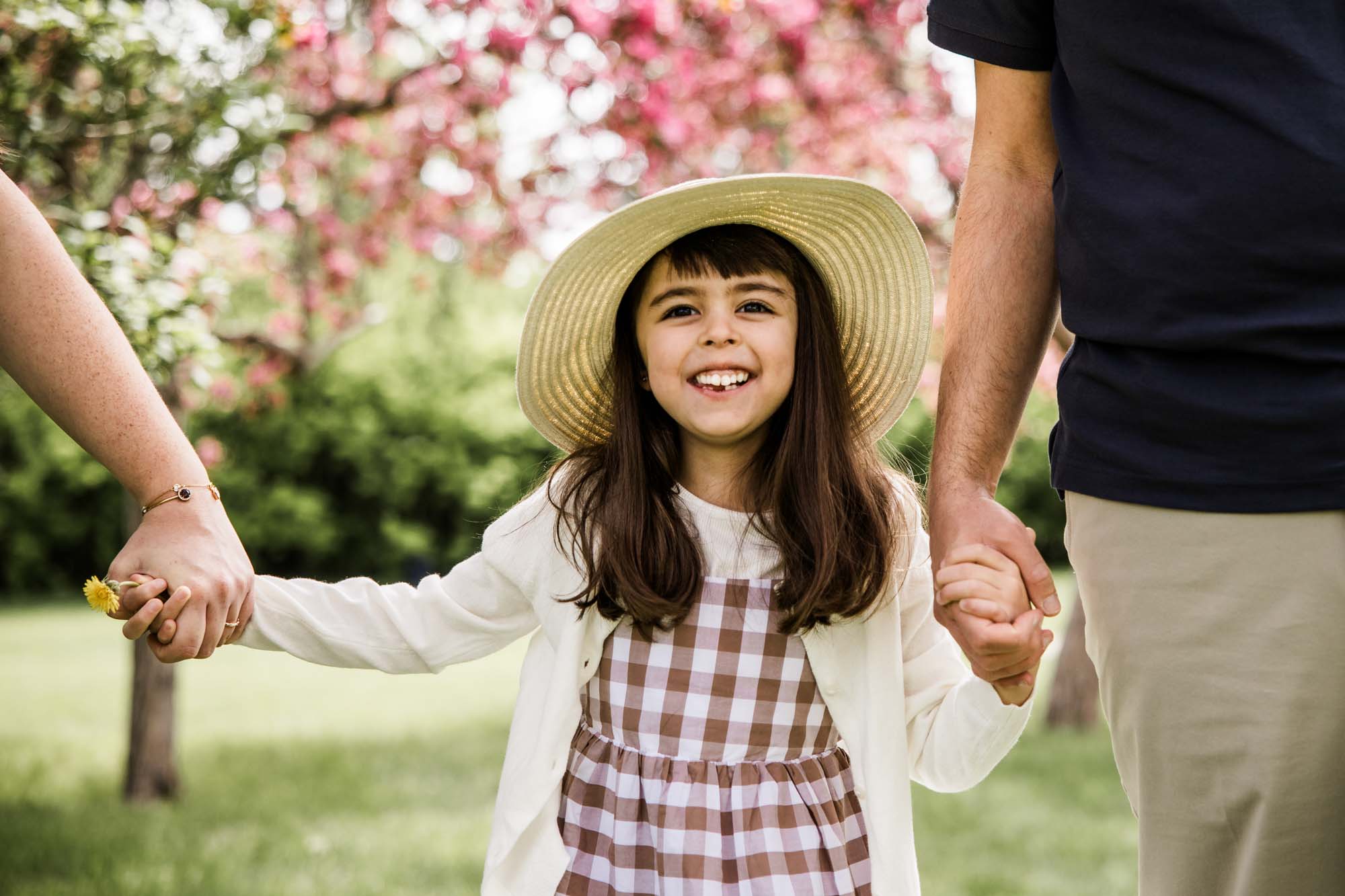 Calgary family photographer, family during their mini session at Baker Park around the cherry blossom trees