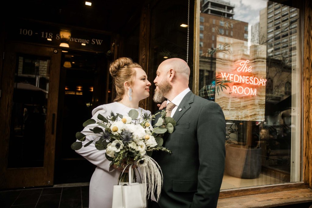 Calgary wedding photographer, intimate restaurant wedding, micro wedding, The Wednesday Room, Stephen Avenue downtown, vintage editorial wedding photography