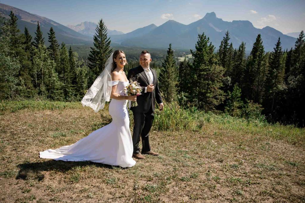Calgary, Banff, Canmore, Kananaskis Country engagement and wedding photographer, couple on their wedding day at the Pomeroy Kananaskis Lodge, photoshoot in the mountains, storytelling, candid, warm, editorial photography
