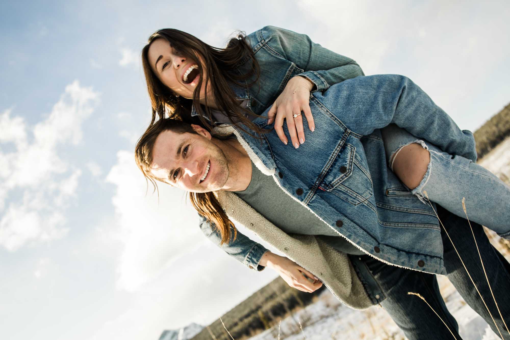 Wedding, elopement photographer, intimate restaurant weddings, micro weddings, Calgary, Banff, Canmore, Kananaskis Country, couple during their engagement session, fun, storytelling, candid, like a movie, in the mountains