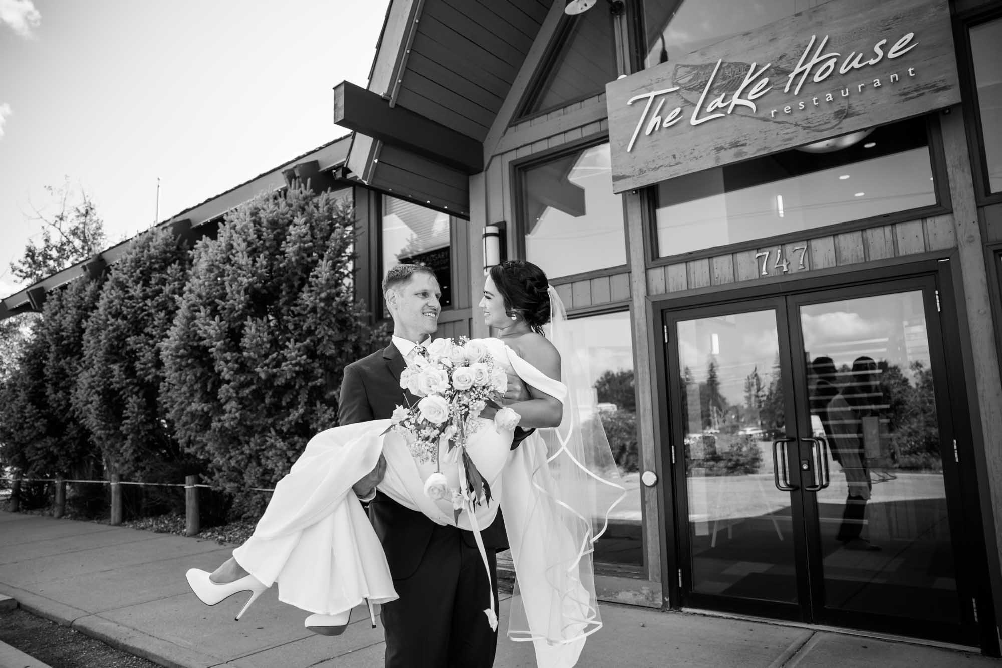 Calgary wedding photographer, wedding photography at the Lake House restaurant after a church ceremony and bridal portraits at Lake Bonavista. Photos captured in a candid, storytelling, documentary style
