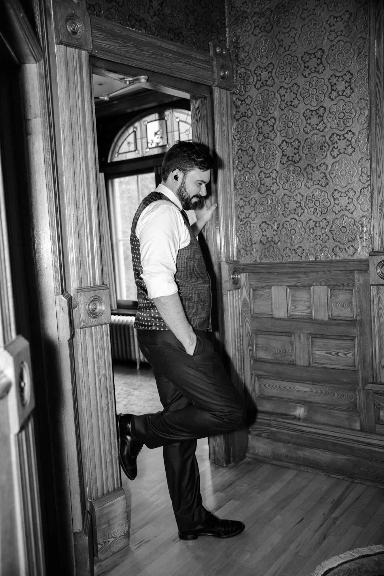 Calgary wedding photographer, couple on their wedding day at Lougheed House, photography in an editorial style with vintage bridal attire and venue