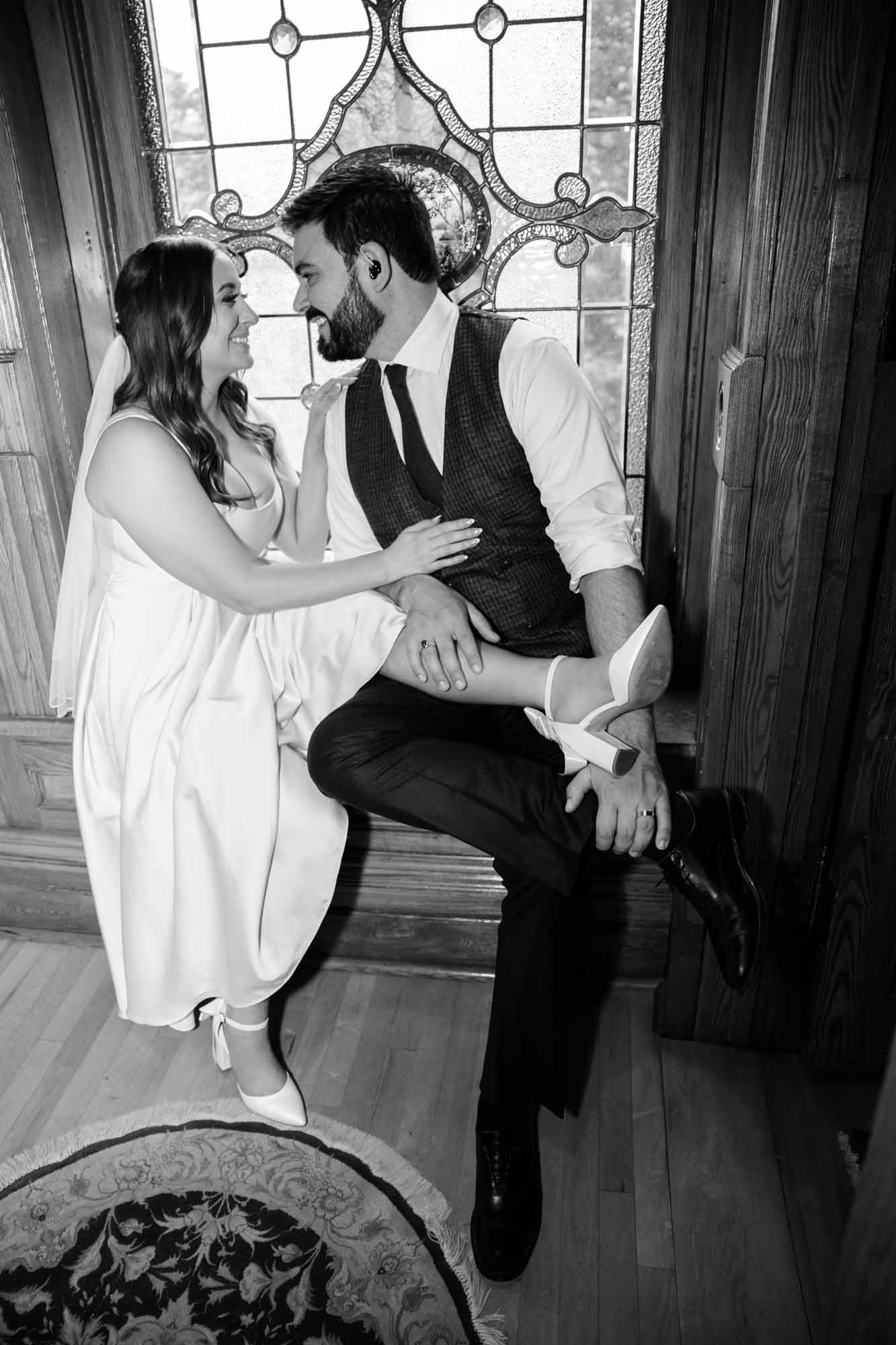 Calgary wedding photographer, couple on their wedding day at Lougheed House, photography in an editorial style with vintage bridal attire and venue