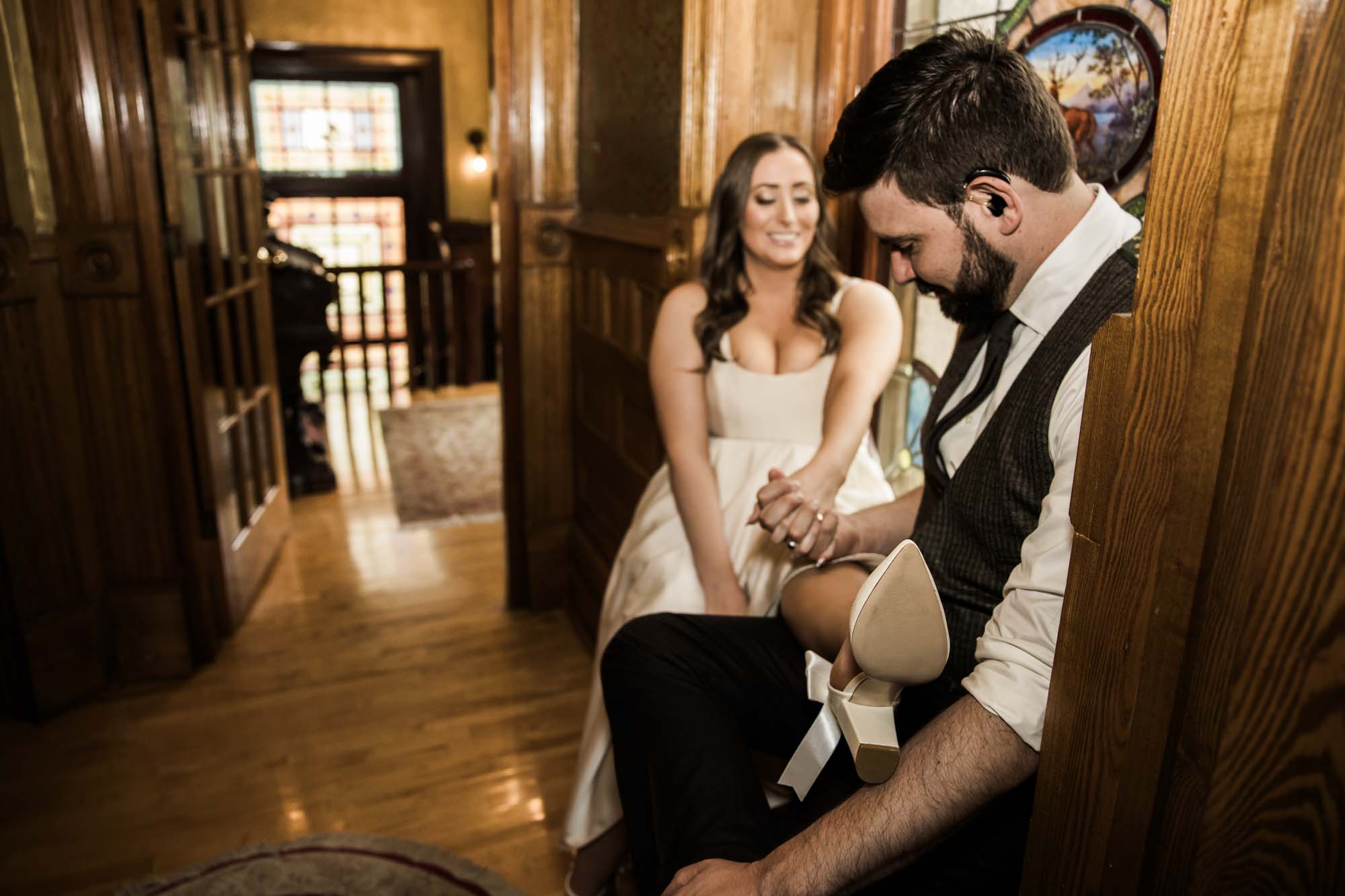 Calgary wedding photographer, couple on their wedding day at Lougheed House, photography in an editorial style with vintage bridal attire and venue