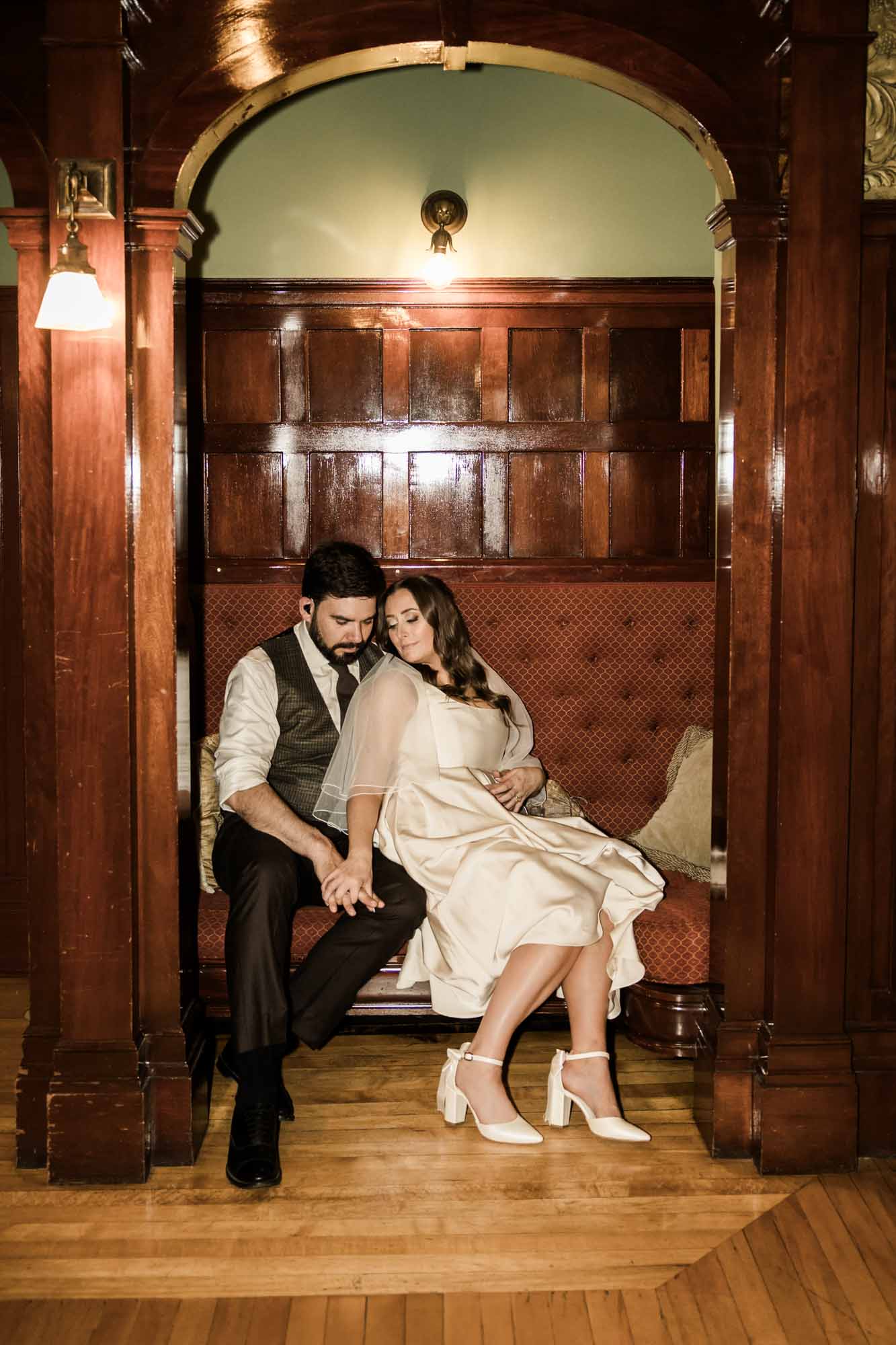 Calgary wedding photographer, couple on their wedding day at Lougheed House, photography in an editorial style with vintage bridal attire and venue