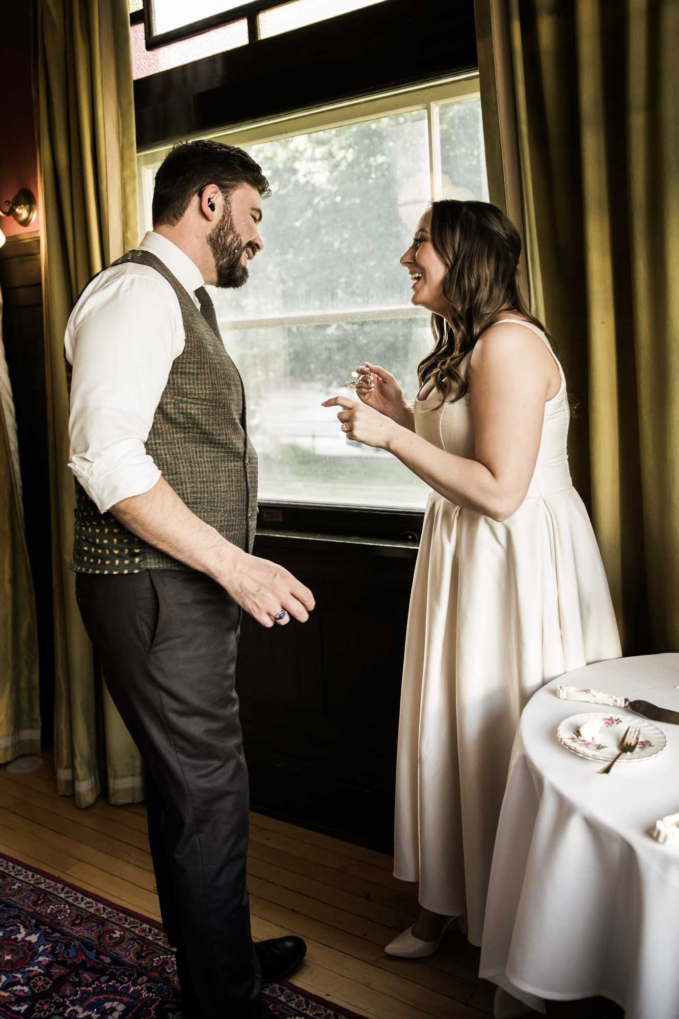 Calgary wedding photographer, couple on their wedding day at Lougheed House, photography in an editorial style with vintage bridal attire and venue