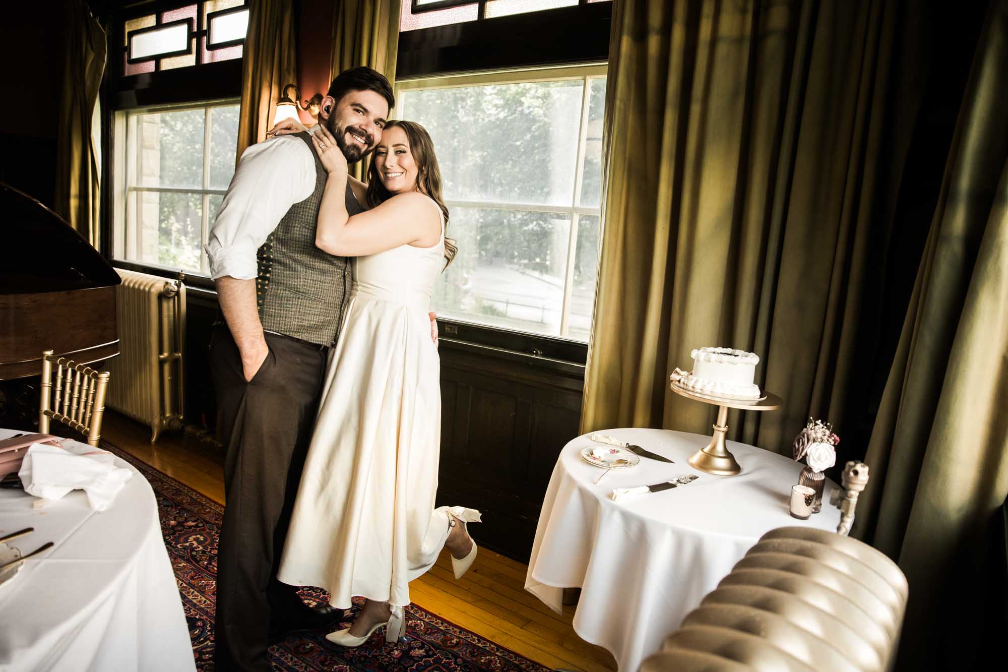 Calgary wedding photographer, couple on their wedding day at Lougheed House, photography in an editorial style with vintage bridal attire and venue