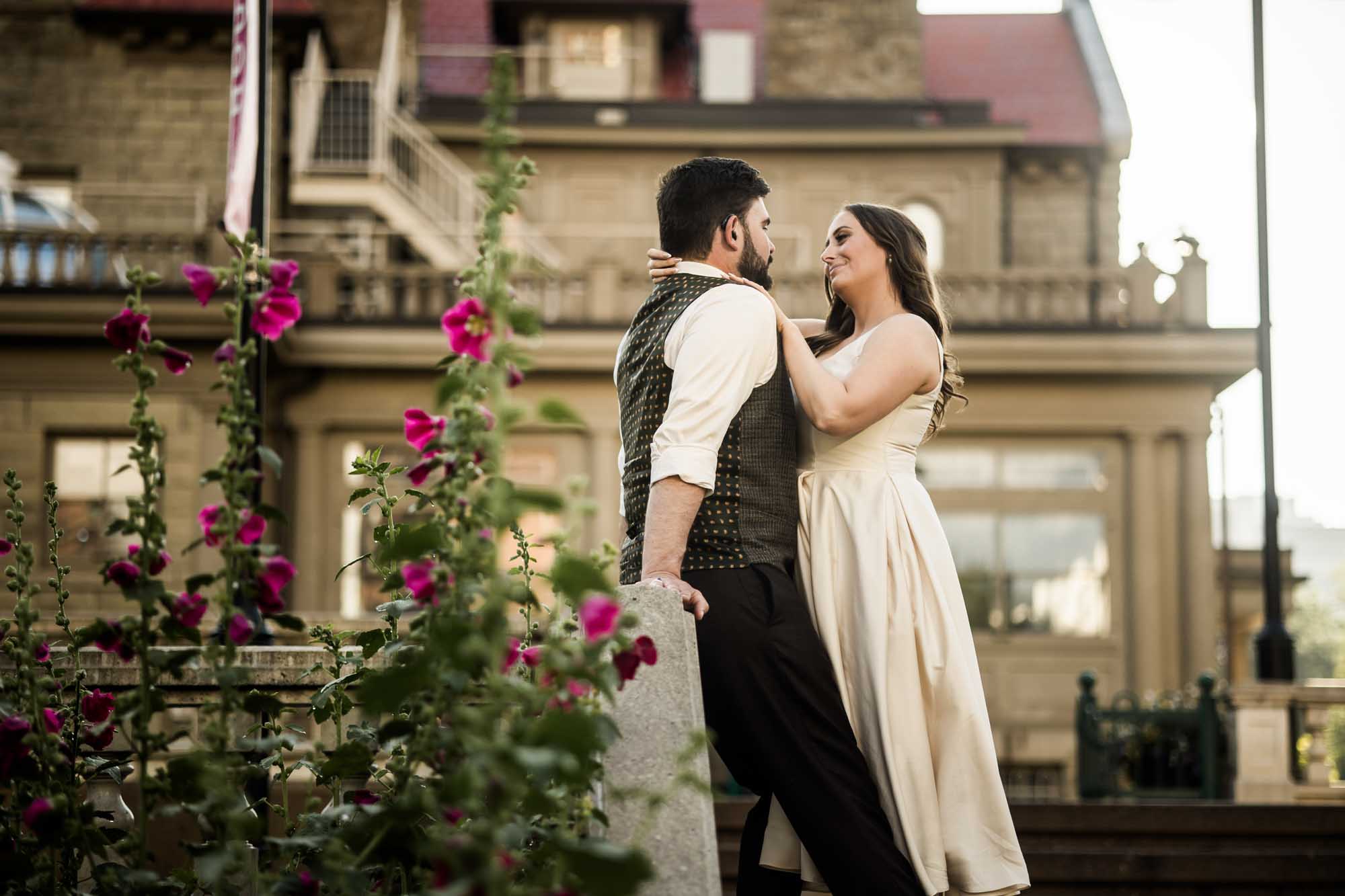 Calgary wedding photographer, couple on their wedding day at Lougheed House, photography in an editorial style with vintage bridal attire and venue
