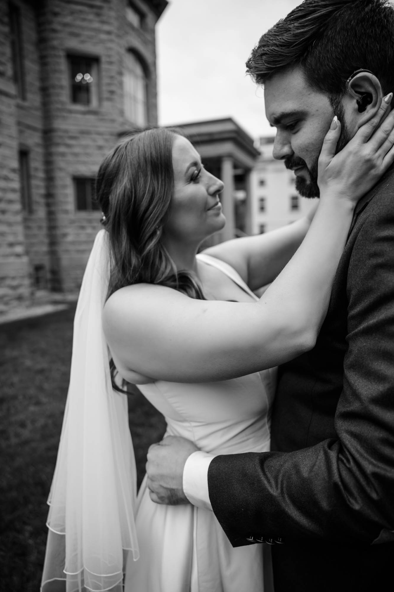 Calgary wedding photographer, couple on their wedding day at Lougheed House, photography in an editorial style with vintage bridal attire and venue