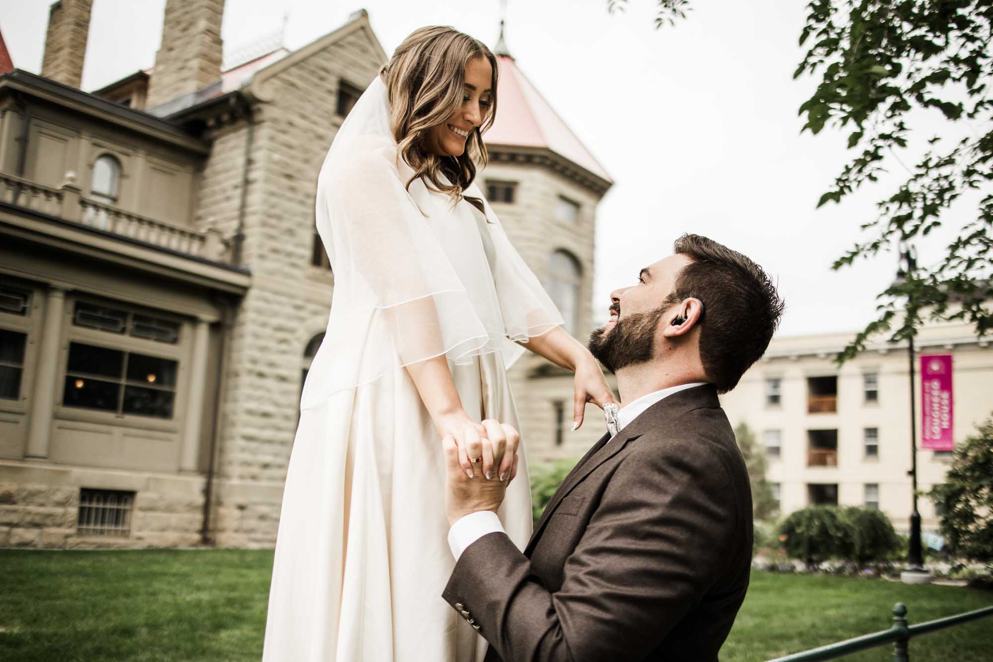 Calgary wedding photographer, couple on their wedding day at Lougheed House, photography in an editorial style with vintage bridal attire and venue